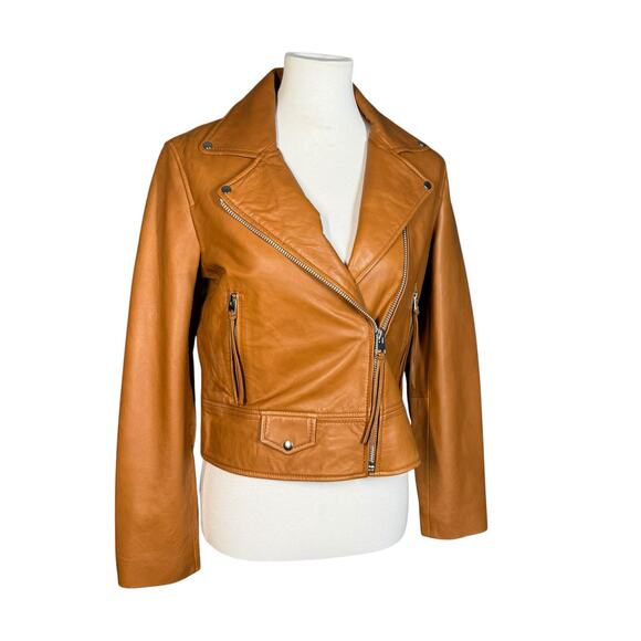 MNG Mango tan leather moto jacket small NWT - Picture 1 of 10